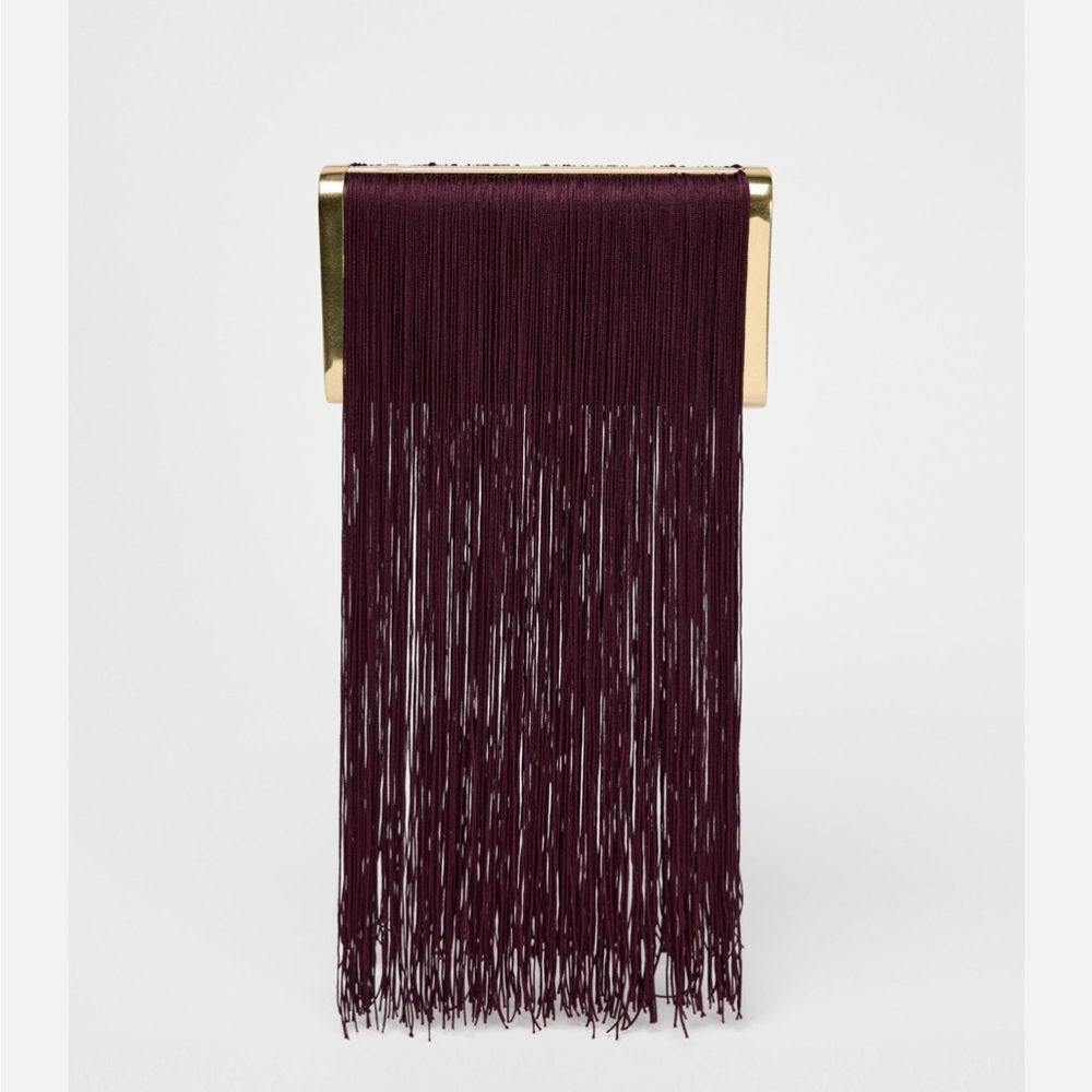 Zara NWT fringe clutch gold burgundy bag 6635/410 - Picture 4 of 8